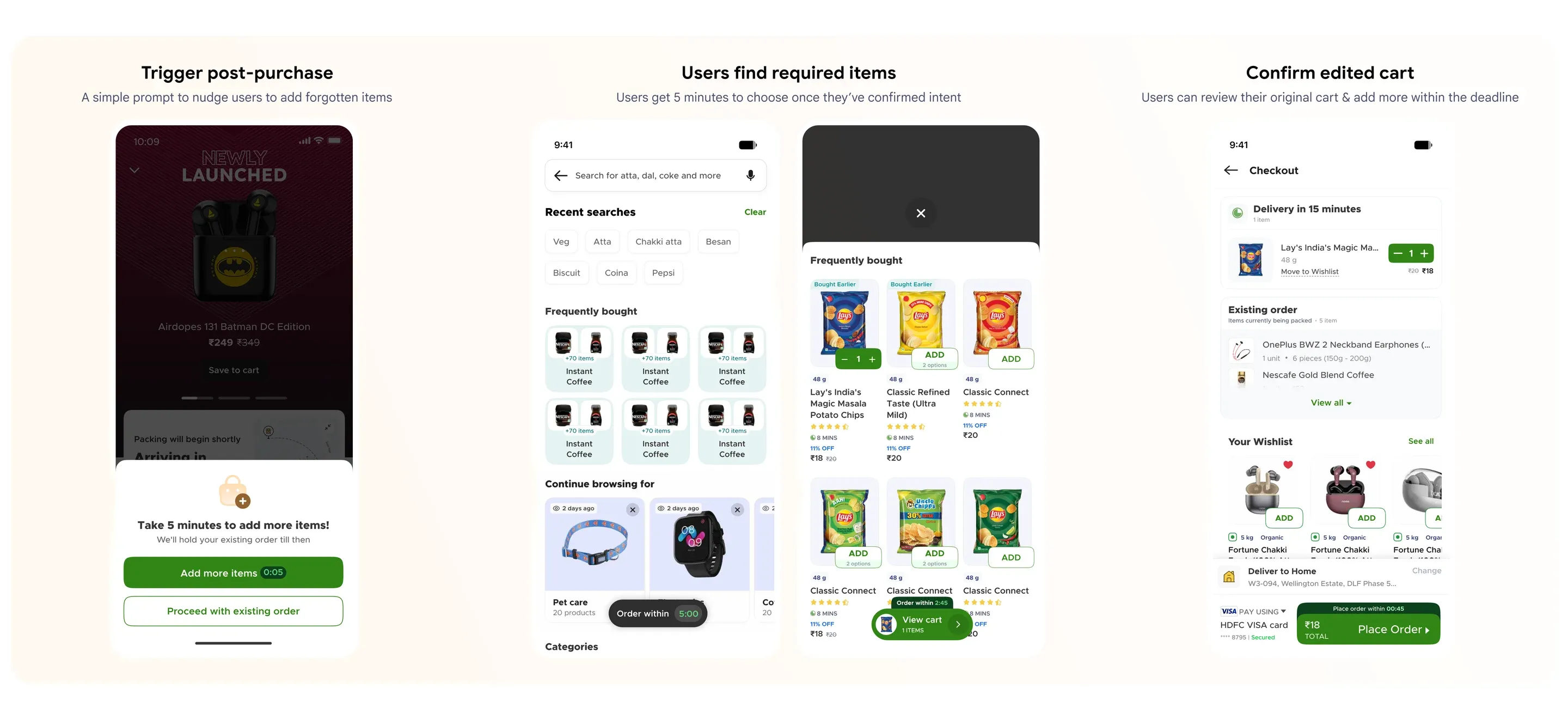 Add More To Cart screens: the post-purchase prompt, finding items, and confirming the edited cart