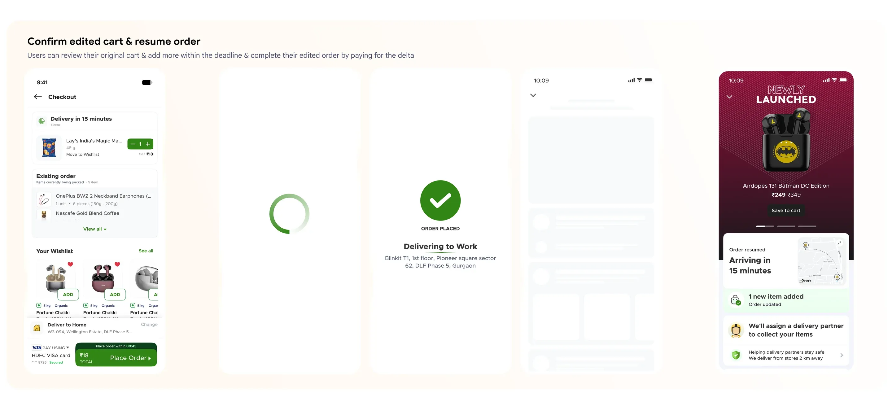 Confirm screens with a persistent timer showing the time left to edit