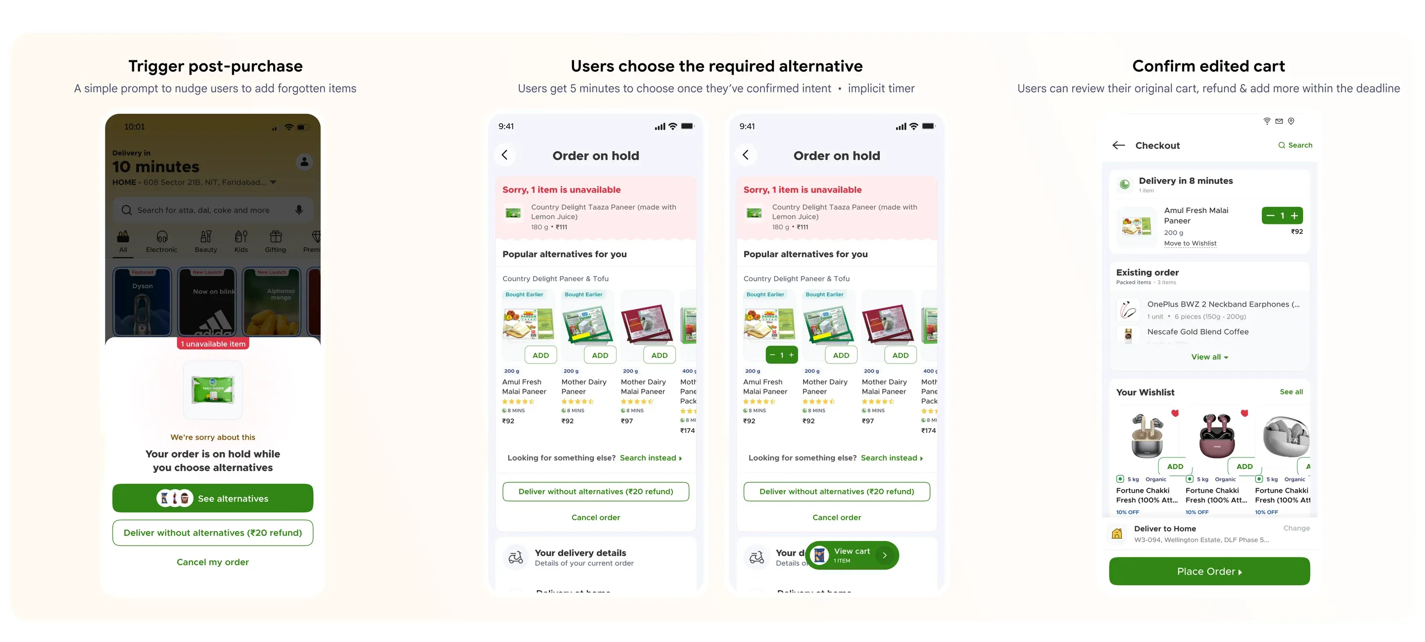 Screens nudging people to choose a replacement or resume the order